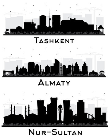Nur-Sultan, Almaty Kazakhstan and Tashkent Uzbekistan City Skyline Silhouette Set with Black Buildings Isolated on White. Cityscape with Landmarks.の写真素材