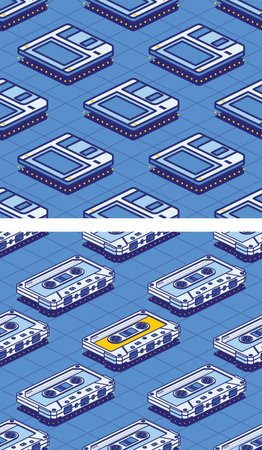 Isometric Floppy Magnetic Disk and Audio Cassette Tape Seamless Pattern. Diskette on Blue Background. Retro Electronic Storage Device. Concept 80s and 90s.の写真素材
