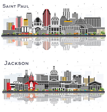 Jackson Mississippi and Saint Paul Minnesota City Skyline Set with Gray Buildings and Reflections Isolated on White. Cityscape with Landmarks.の写真素材