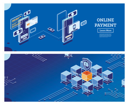 Cyber Security Concept. data protection. Cubes with Lines. Online Payment with Mobile Phone. isometric concept. Online Shopping with Credit Card.の写真素材