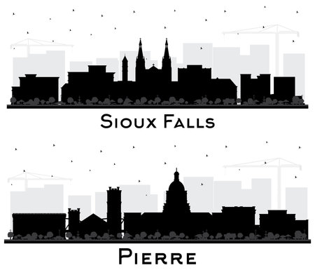 Pierre and Sioux Falls South Dakota City Skyline Silhouette Set with Black Buildings Isolated on White. Cityscape with Landmarks.の写真素材