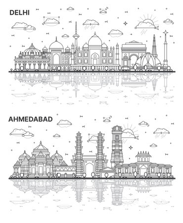Outline Ahmedabad and Delhi India City Skyline Set with Historic Buildings and Reflections Isolated on White. Cityscape with Landmarks.の写真素材