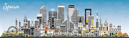 Spain City Skyline with Gray Buildings and Blue Sky. vector illustration. Modern and Historic Architecture. Spain Cityscape with Landmarks. Madrid. Barcelona. Valencia. seville. Zaragoza.のイラスト素材