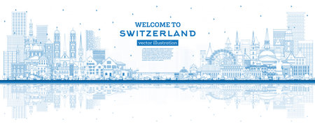Welcome to Switzerland. Outline City Skyline with Blue Buildings. vector illustration. Modern and Historic Architecture. Switzerland Cityscape with Landmarks. Bern. Basel. Lugano. Zurich. Geneva.のイラスト素材