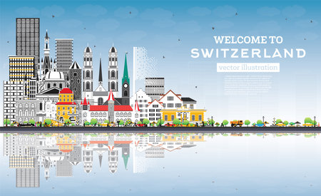 Welcome to Switzerland. City Skyline with Gray Buildings and Blue Sky. vector illustration. Modern and Historic Architecture. Switzerland Cityscape with Landmarks. Bern. Basel. Lugano. Zurich. Geneva.のイラスト素材