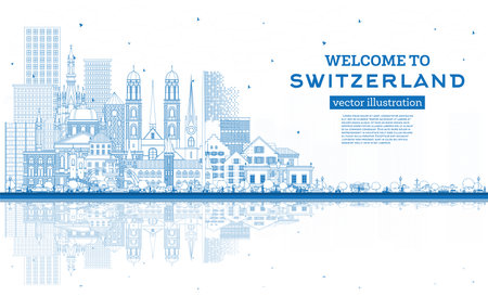 Welcome to Switzerland. Outline City Skyline with Blue Buildings. vector illustration. Modern and Historic Architecture. Switzerland Cityscape with Landmarks. Bern. Basel. Lugano. Zurich. Geneva.のイラスト素材