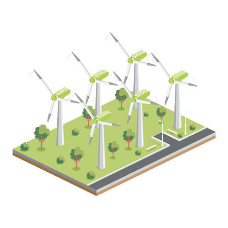 Wind Turbines Farm. Isometric Power Generator. vector illustration. clean energy.のイラスト素材