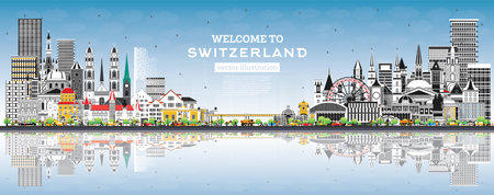 Welcome to Switzerland. City Skyline with Gray Buildings and Blue Sky. vector illustration. Modern and Historic Architecture. Switzerland Cityscape with Landmarks. Bern. Basel. Lugano. Zurich. Geneva.のイラスト素材