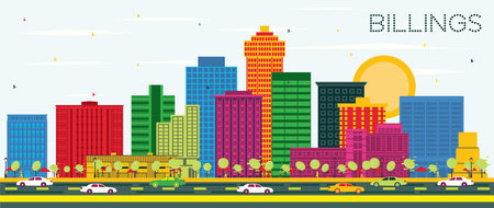 Billings Montana City Skyline with Color Buildings and Blue Sky. vector illustration. Business Travel and Tourism Concept with Modern Architecture. Billings USA Cityscape with Landmarks.のイラスト素材