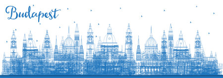 Outline Budapest Hungary City Skyline with Blue Buildings. vector illustration. Business Travel and Tourism Concept with Historic Architecture. Budapest Cityscape with Landmarks.のイラスト素材