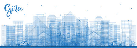 Outline Giza Egypt City Skyline with Blue Buildings. vector illustration. Business Travel and Tourism Concept with Historic Architecture. Giza Cityscape with Famous Landmarks.のイラスト素材
