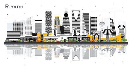 Riyadh Saudi Arabia City Skyline with Color Buildings and Reflections Isolated on White. vector illustration. Business Travel and Concept with Modern Architecture. Riyadh Cityscape with Landmarks.のイラスト素材