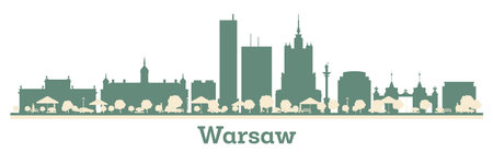 Abstract Warsaw Poland city skyline with color buildings. vector illustration. Business travel and tourism concept with modern buildings.のイラスト素材