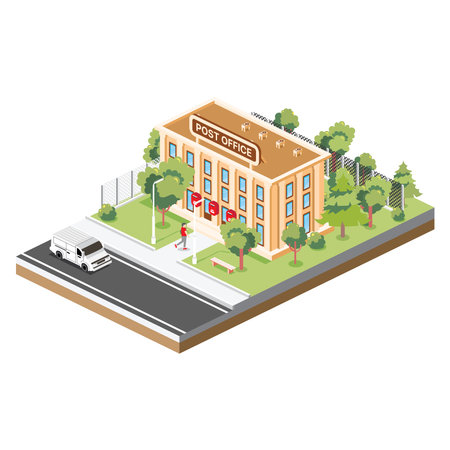 Isometric Post Office Building Isolated on White Background. vector illustration. Trees and Van. Man Goes with a Parcel to the Post Office.のイラスト素材