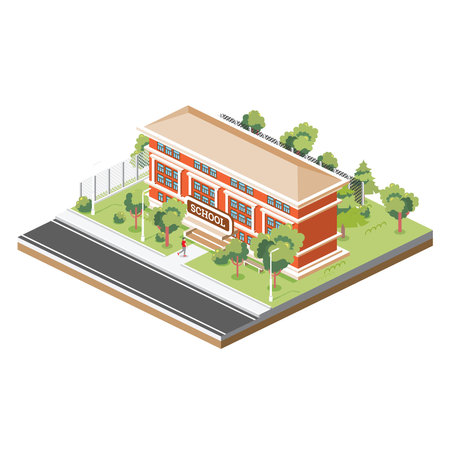 Isometric School Building Isolated on White Background. vector illustration. Trees and Road. Man Goes to the School.のイラスト素材