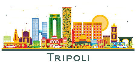 Tripoli Libya City Skyline with Color Buildings Isolated on White. vector illustration. Business Travel and Tourism Concept with Historic Buildings. Tripoli Cityscape with Landmarks.のイラスト素材