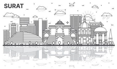 Outline Surat India City Skyline with Modern, Historic Buildings and Reflections Isolated on White. vector illustration. Surat Cityscape with Landmarks.のイラスト素材