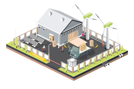 Isometric Distribution Logistic Center with Solar Panels and Wind Turbines. Warehouse Storage Facilities with Trucks. vector illustration. Loading Discharging Terminal. Green Eco Friendly House.のイラスト素材