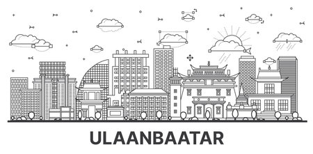 Outline Ulaanbaatar Mongolia City Skyline with Modern and Historic Buildings Isolated on White. vector illustration. Ulaanbaatar Cityscape with Landmarks.のイラスト素材