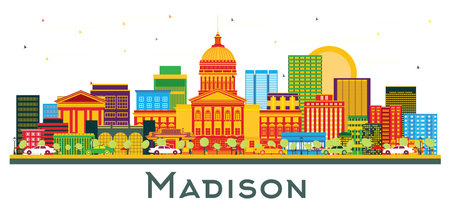 Madison Wisconsin City Skyline with Color Buildings Isolated on White. vector illustration. Business Travel and Tourism Concept with Modern Buildings. Madison Cityscape with Landmarks.のイラスト素材