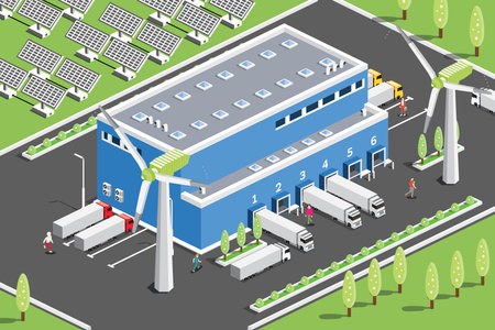 Isometric Distribution Logistic Center with Solar Panels and Wind Turbines. Warehouse Storage Facilities with Trucks. vector illustration. Trees and Green Grass. Green Eco Friendly House.のイラスト素材
