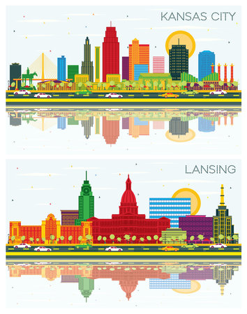 Lansing Michigan and Kansas City Missouri City Skyline Set with Color Buildings, Blue Sky and Reflections.の写真素材