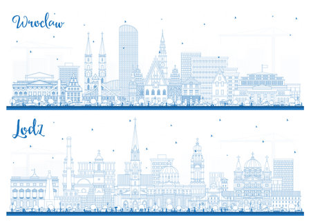 Outline Lodz and Wroclaw Poland City Skyline Set with Blue Buildings. Cityscape with Landmarks. Business Travel and Tourism Concept with Historic Architecture.の写真素材