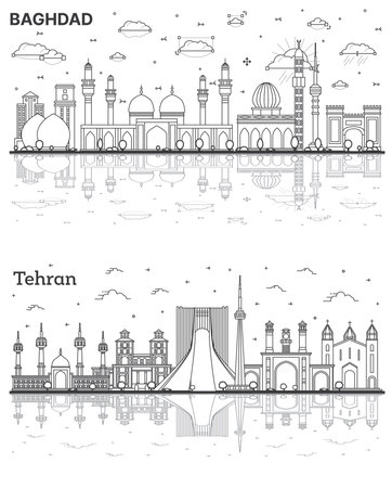 Outline Tehran Iran and Baghdad Iraq City Skyline Set with Historic Buildings and Reflections Isolated on White. Cityscape with Landmarks.の写真素材