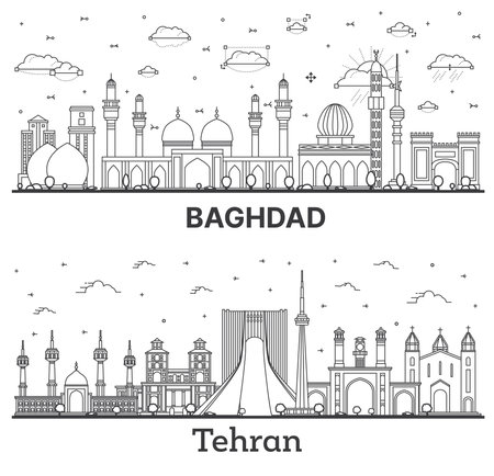 Outline Tehran Iran and Baghdad Iraq City Skyline Set with Historic Buildings Isolated on White. Cityscape with Landmarks.の写真素材