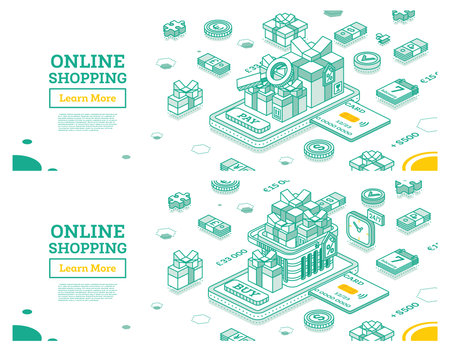 Online Shopping Concept wÄ±th Smartphone and Gift Boxes. Isometric Outline Scene. Sale, Consumerism, Buy Online and E-commerce Concept. Search of Goods.の写真素材