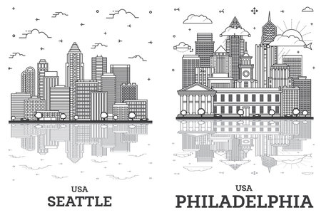 Outline Philadelphia Pennsylvania and Seattle Washington USA City Skyline Set with Modern Buildings and Reflections Isolated on White. Cityscape with Landmarks.の写真素材