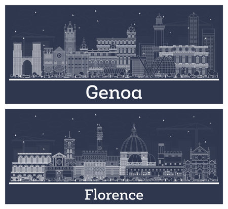 Italian Cities. Outline Florence and Genoa Italy City Skyline Set with White Buildings. Cityscape with Landmarks.の写真素材