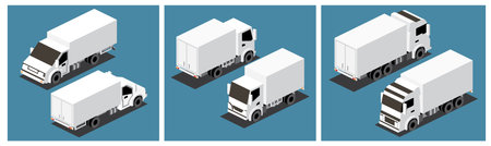 Isometric Cargo Truck Set. commercial transport. logistics. 3D City Object for Infographics. Car for Carriage and Delivery of Goods. Back and front view. Lorry Mockup Template.の写真素材