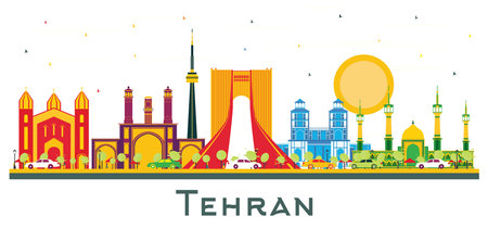Tehran Iran City Skyline with Color Landmarks Isolated on White. vector illustration. Business Travel and Tourism Concept with Historic Buildings. Tehran Cityscape with Landmarks.のイラスト素材