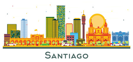 Santiago Chile City Skyline with Color Buildings Isolated on White. vector illustration. Business Travel and Tourism Concept with Modern Buildings. Santiago Cityscape with Landmarks.のイラスト素材