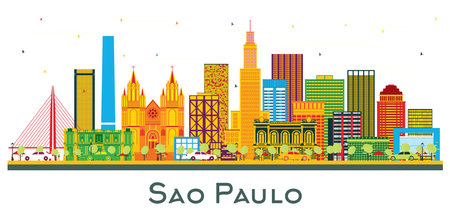 Sao Paulo Brazil City Skyline with Color Buildings Isolated on White. vector illustration. Business Travel and Tourism Concept with Modern Buildings. Sao Paulo Cityscape with Landmarks.のイラスト素材