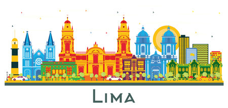 Lima Peru City Skyline with Color Buildings Isolated on White. vector illustration. Business Travel and Tourism Concept with Lima City. Lima Cityscape with Landmarks.のイラスト素材