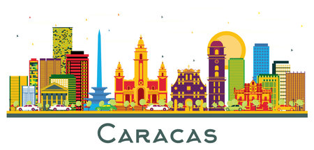 Caracas Venezuela City Skyline with Color Buildings Isolated on White. vector illustration. Business Travel and Tourism Concept with Historic Buildings. Caracas Cityscape with Landmarks.のイラスト素材