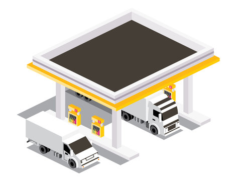 Gas Station with Trucks. Isometric Isolated Petroleum Filling Station. Infographic Element. vector illustration. Gas Filling Columns Under Roof Shelter.のイラスト素材