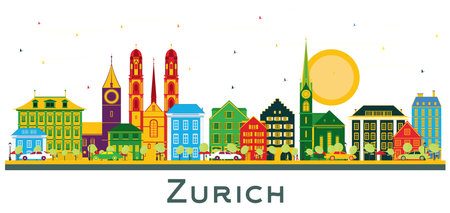 Zurich Switzerland City Skyline with Color Buildings Isolated on White. vector illustration. Business Travel and Tourism Concept with Historic Buildings. Zurich Cityscape with Landmarks.のイラスト素材