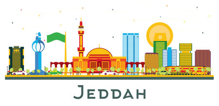 Jeddah Saudi Arabia City Skyline with Color Buildings Isolated on White. vector illustration. Business Travel and Tourism Concept with Modern Buildings. Jeddah Cityscape with Landmarks.のイラスト素材