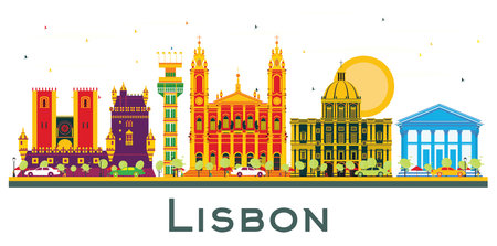 Lisbon Portugal City Skyline with Color Buildings Isolated on White. vector illustration. Business Travel and Tourism Concept with Historic Architecture. Lisbon Cityscape with Landmarks.のイラスト素材