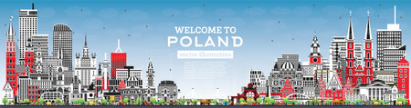 Poland City Skyline with Gray Buildings and Blue Sky. vector illustration. Concept with Modern Architecture. Poland Cityscape with Landmarks. Warsaw. Krakow. lodz. Wroclaw. Poznan.のイラスト素材