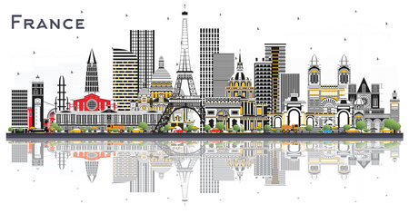 France Skyline with Gray Buildings and Reflections Isolated on White. vector illustration. Tourism Concept with Historic Architecture. France Cityscape with Landmarks. Toulouse. Paris. Lyon. Marseille.のイラスト素材