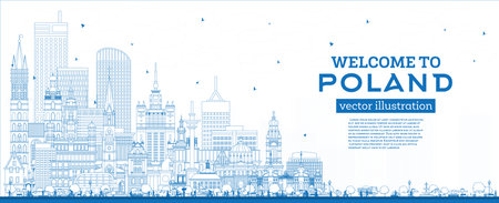 Outline Poland City Skyline with Blue Buildings. vector illustration. Concept with Modern Architecture. Poland Cityscape with Landmarks. Warsaw. Krakow. lodz. Wroclaw. Poznan.のイラスト素材