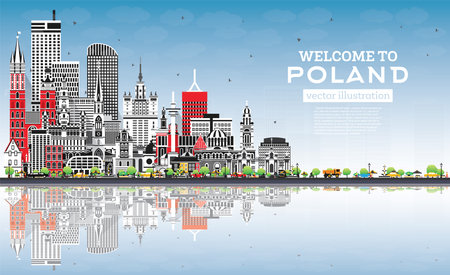Poland City Skyline with Gray Buildings, Blue Sky and Reflections. vector illustration. Concept with Modern Architecture. Poland Cityscape with Landmarks. Warsaw. Krakow. lodz. Wroclaw. Poznan.のイラスト素材