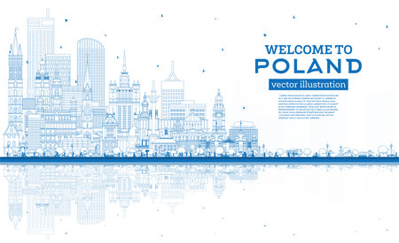 Outline Poland City Skyline with Blue Buildings and Reflections. vector illustration. Concept with Modern Architecture. Poland Cityscape with Landmarks. Warsaw. Krakow. lodz. Wroclaw. Poznan.のイラスト素材