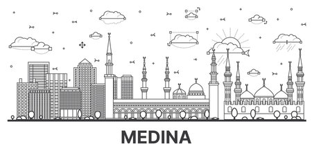 Outline Medina Saudi Arabia City Skyline with Modern and Historic Buildings Isolated on White. vector illustration. Medina Cityscape with Landmarks.のイラスト素材