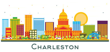 Charleston City Skyline with Color Buildings Isolated on White. West Virginia. vector illustration. Business Travel and Tourism Concept with Modern Architecture. Cityscape with Landmarks.のイラスト素材