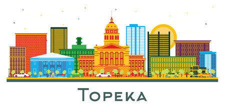 Topeka Kansas USA city Skyline with Color Buildings isolated on white. vector illustration. Business Travel and Tourism Concept with Modern Architecture. Topeka cityscape with landmarks.のイラスト素材